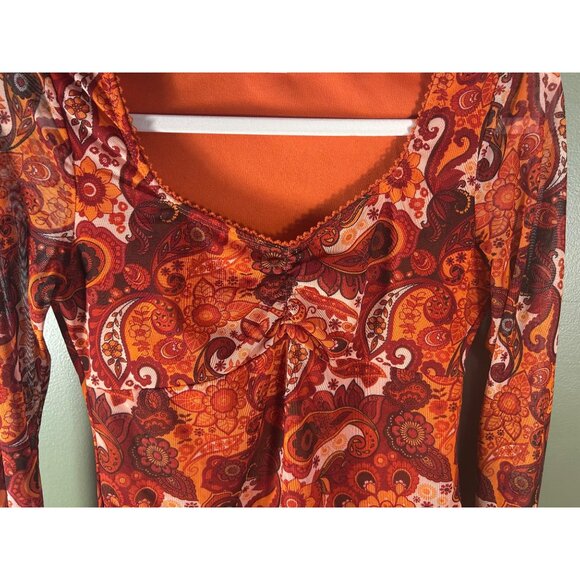 Retro Inspired Mesh Top Juniors L Orange Paisley Bell Sleeves Hippie Boho - Picture 3 of 9